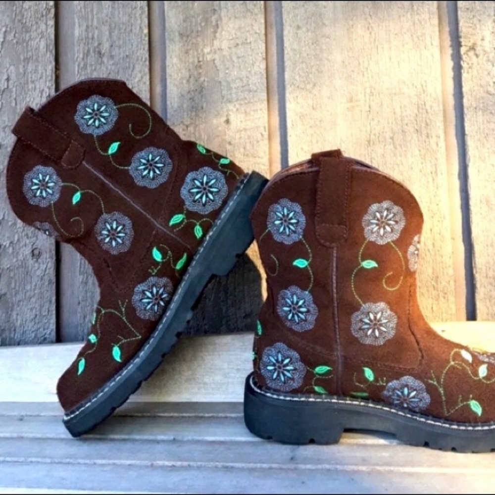 ROPER Boots FLORAL CHUNK Colorful Boho Suede Leather Brown Blue Green Size 7.5 - Picture 7 of 12